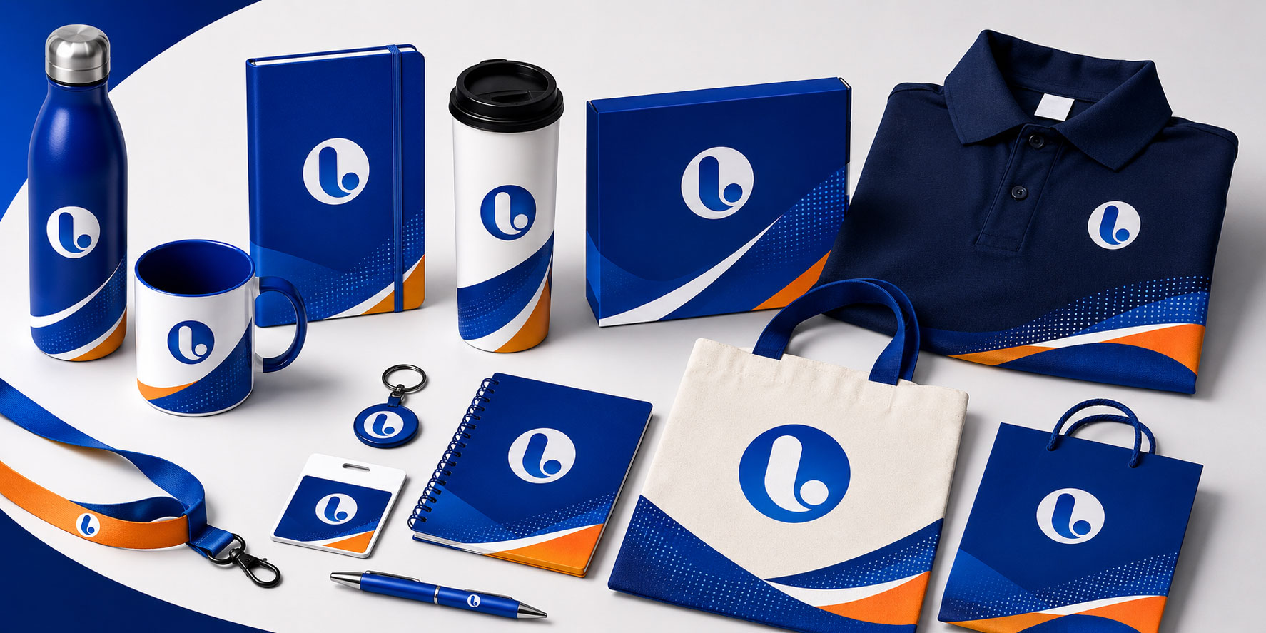 Custom branded merchandise and corporate gifting products including notebooks, bottles, mugs, bags, apparel, and stationery