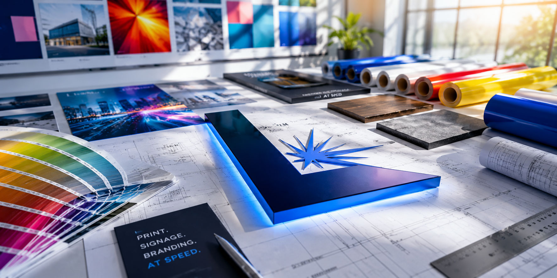 Lianova Signs studio bench with colour swatches, print samples, vinyl rolls, and material finishes laid out for a branded signage project