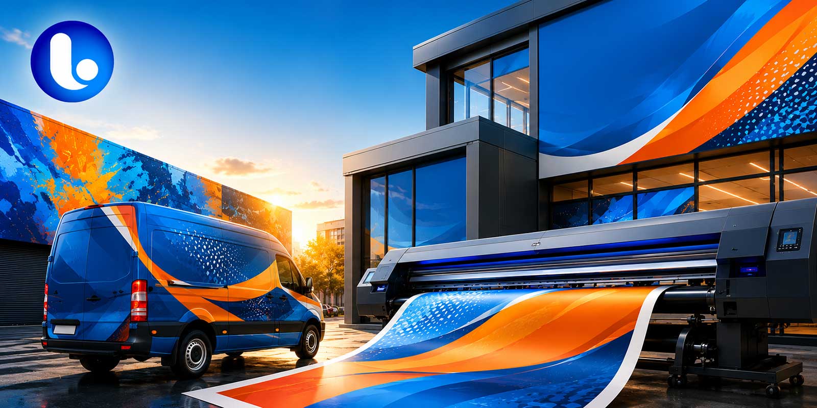 Large format roll printing in production: a wide-format printer outputting a vibrant blue and orange graphic roll, with a branded delivery van and modern print facility in the background