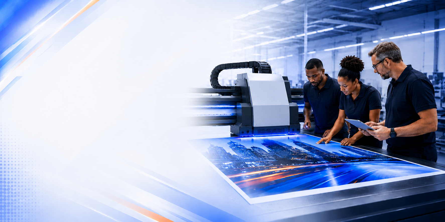 Lianova Signs team operating a large-format UV flatbed printer in a modern production facility