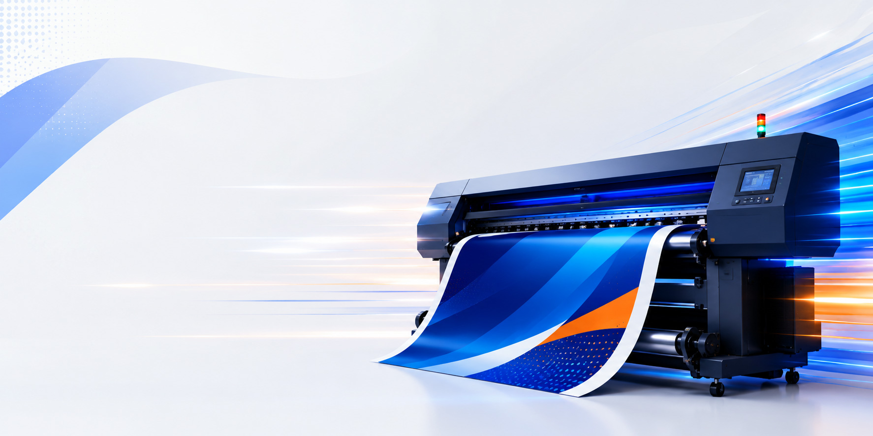 High-speed large format printer producing a vibrant blue and orange graphic roll