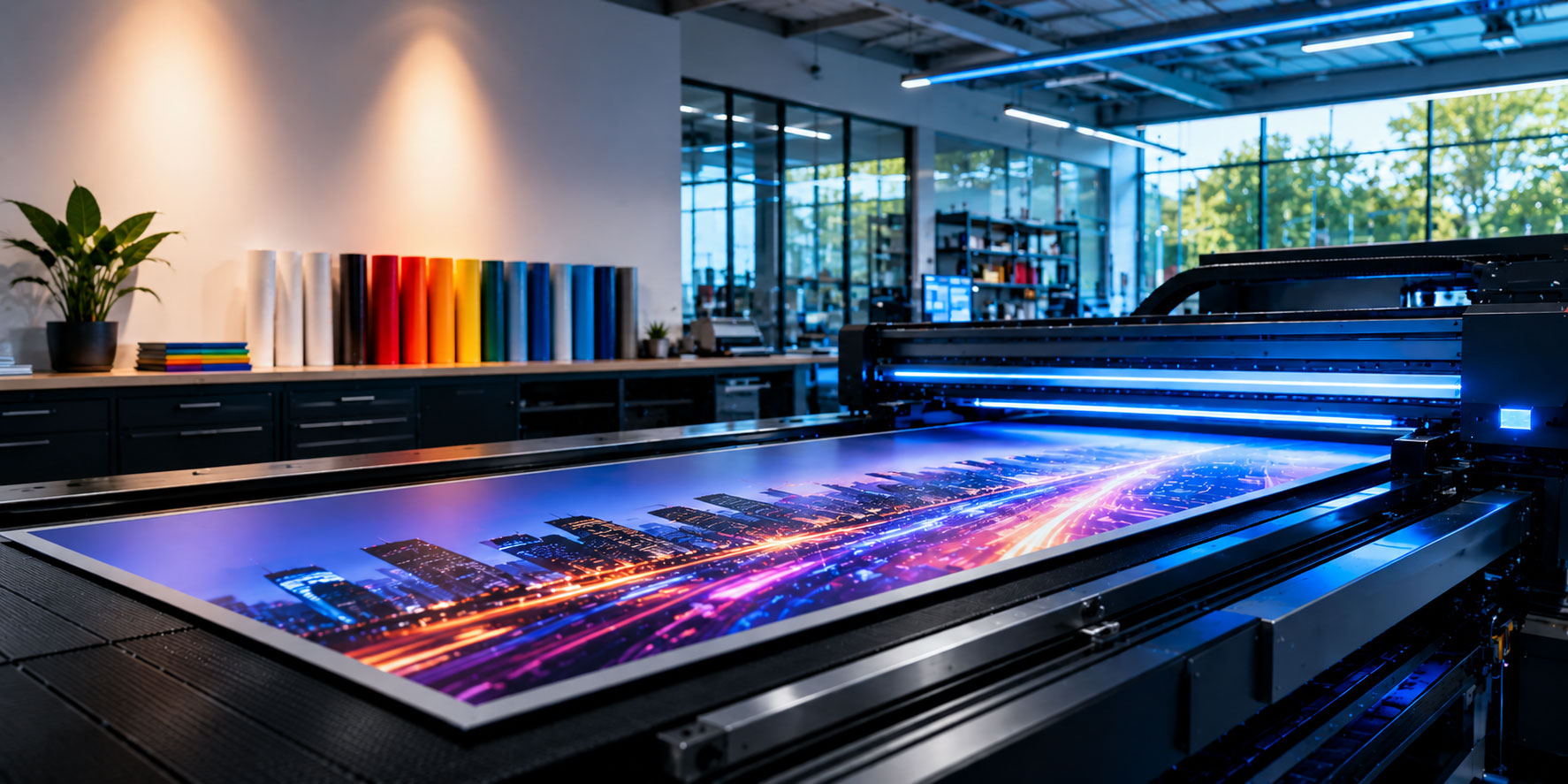 Large-format UV flatbed printer producing a vibrant cityscape signage panel inside the Lianova Signs production facility